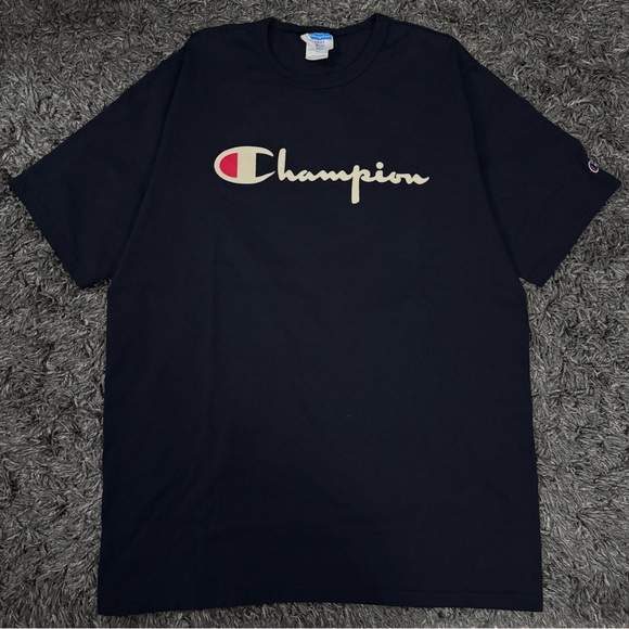 Vintage Champion Suede Logo Navy Blue T Shirt - Picture 1 of 7